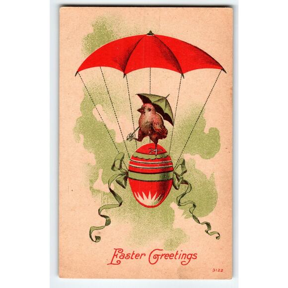 Vintage Easter Postcard Chick Parachute Egg Umbrella Fantasy Anthropomorphic - Picture 1 of 2